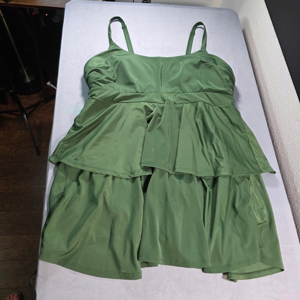 Swim by Cacique Olive Green Tiered Ruffle Swim Dress One Piece Size 16
